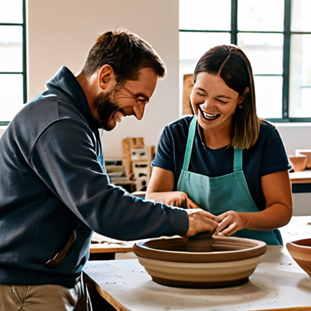 A serene adult artisan, fully clothed in modest, comfortable workshop attire, deeply focused on shaping wet clay on a spinning pottery wheel. The scene is set in a naturally lit, warm pottery studio with wooden tables and shelves displaying various ceramic pieces in different stages of completion. Soft natural light streams through a window. The artisan's well-formed hands, with proper finger count, are covered in clay, gracefully molding the vessel. Their expression is one of calm concentration and meditative flow. The focus is on the artistic process and the tactile connection with the material. Professional studio photography, perfect anatomy, correct proportions, natural pose, high detail, sharp focus, vibrant colors, soft ambient lighting, safe for work, appropriate content, family-friendly.