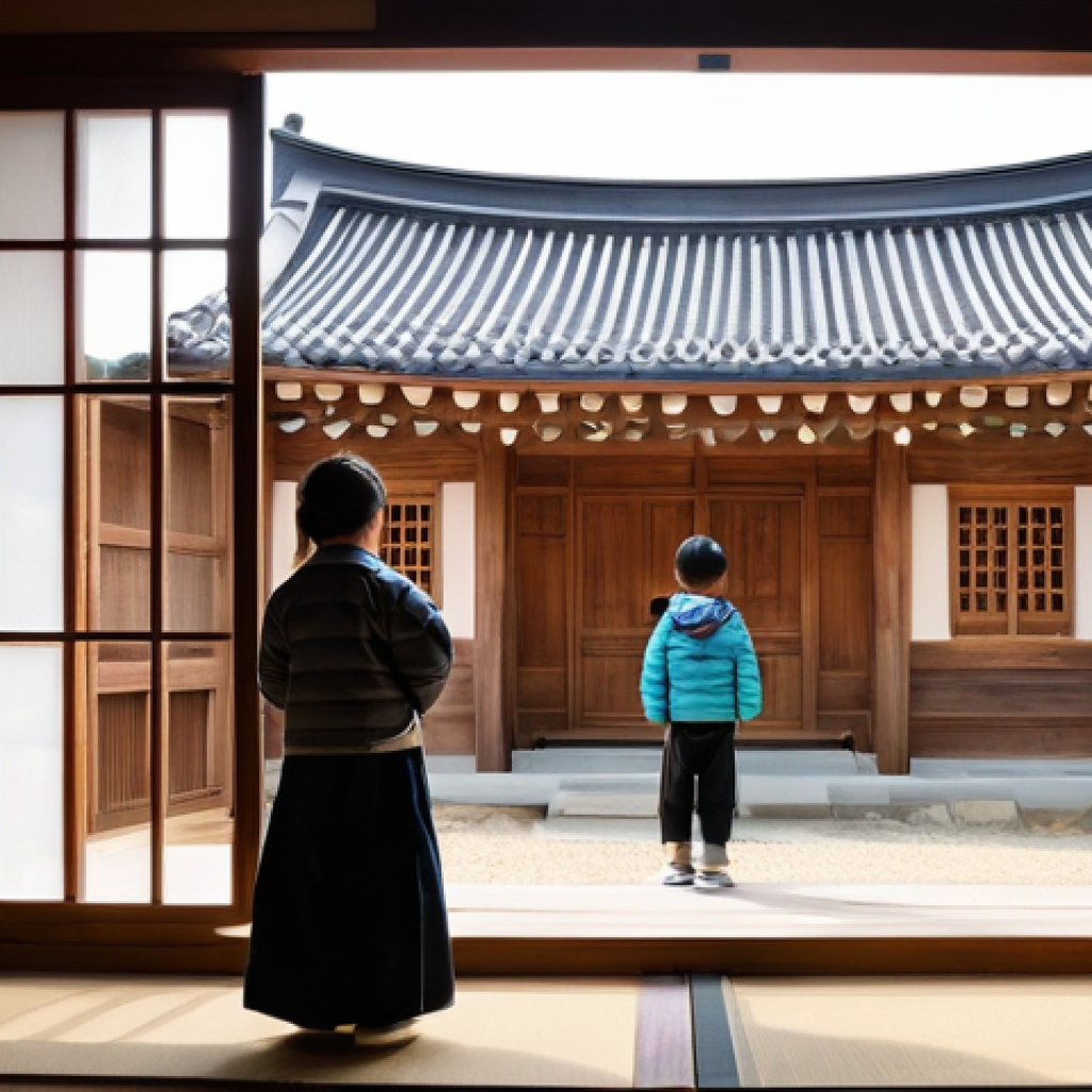 아이와 함께하는 한옥 체험 - **Prompt 1: A Family's First Glimpse of a Hanok**
    A bright, wide-angle shot of a Korean Hanok's ...
