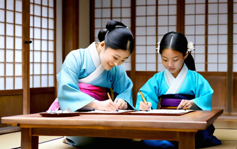 아이와 함께하는 한옥 체험 - **Prompt 1: A Family's First Glimpse of a Hanok**
    A bright, wide-angle shot of a Korean Hanok's ...