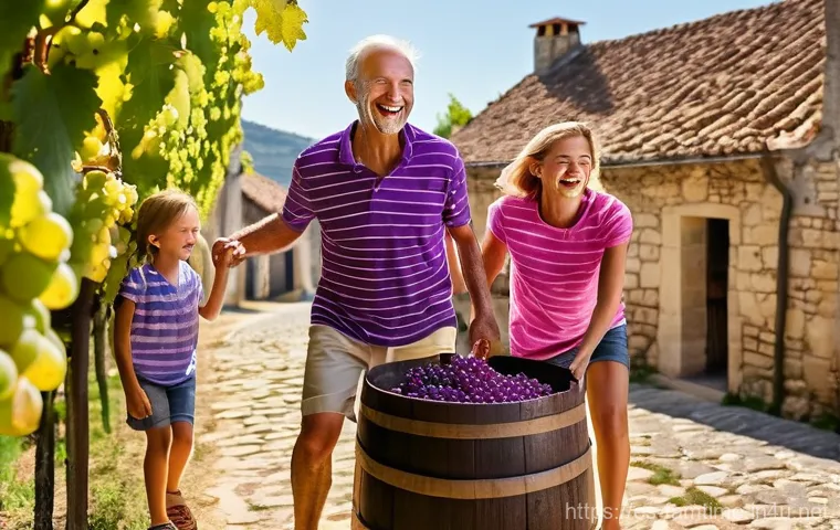 온 가족이 함께하는 지역 축제 탐방 - **A Family Grape Stomping Festival in a Scenic Village**
    "A joyous family participating in a tra...