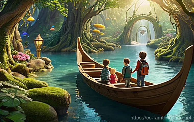 온 가족이 즐길 수 있는 테마파크 - **Prompt 1: Enchanted Family Boat Ride**
    "A happy, diverse family, consisting of a mother, fathe...