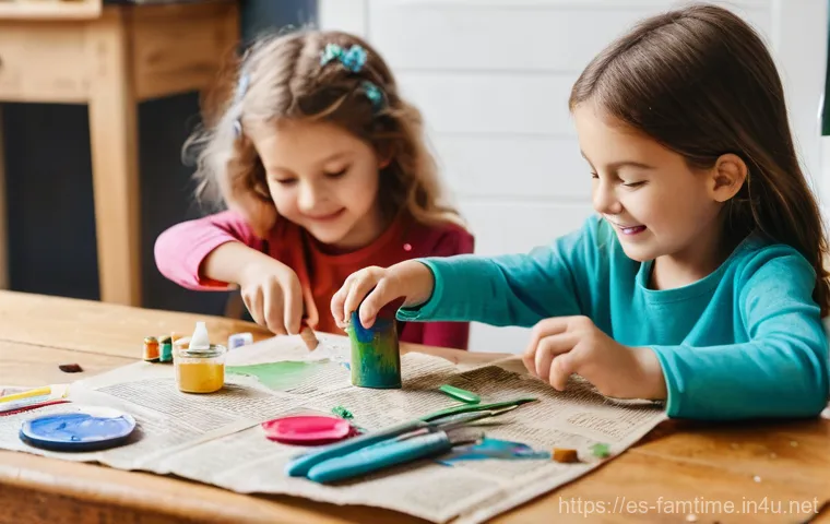 가족과 함께하는 공예 클래스 - **Prompt: Family Crafting Fun with Recycled Materials.**
    A diverse family consisting of two joyf...