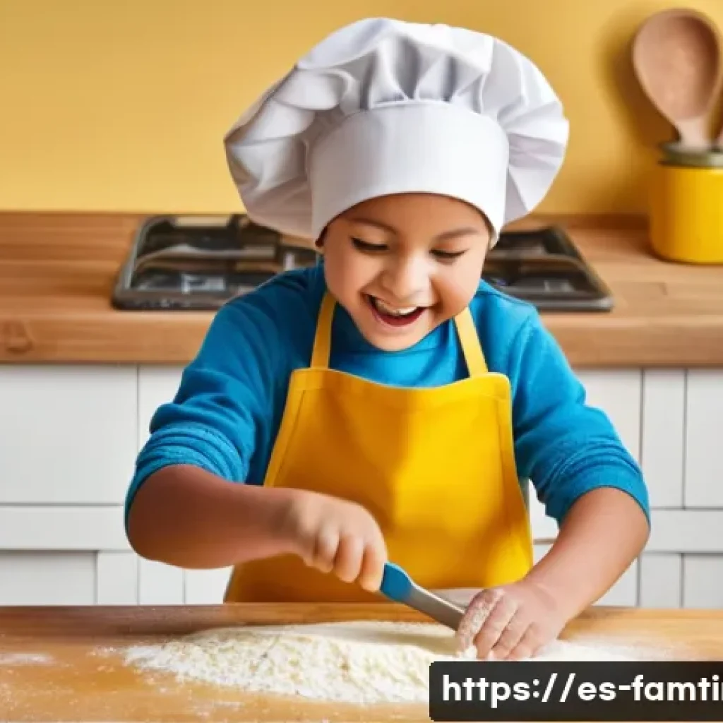 부모와 함께하는 베이킹 클래스 - **Prompt:** A joyful young child, around 4-5 years old, with a light dusting of flour on their cheek...