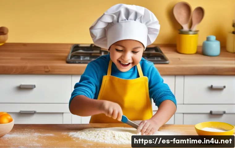 부모와 함께하는 베이킹 클래스 - **Prompt:** A joyful young child, around 4-5 years old, with a light dusting of flour on their cheek...