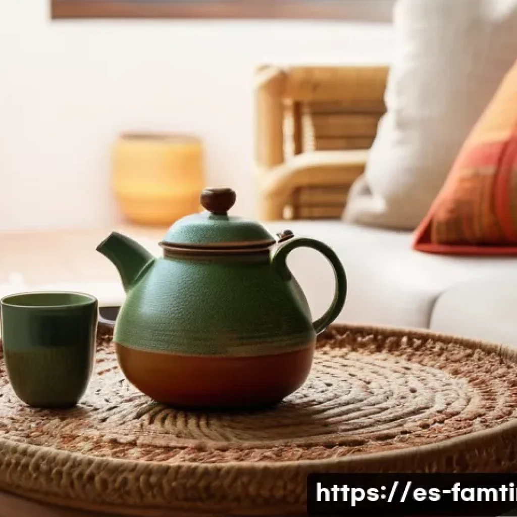 부모님과 함께하는 전통 차 체험 - A cozy Spanish living room setting bathed in warm natural light, featuring a low wooden table surrou...