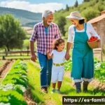 가족과 함께하는 전원생활 체험 - A cheerful multigenerational Hispanic family enjoying a sunny day in a lush rural farm in Spain, chi...