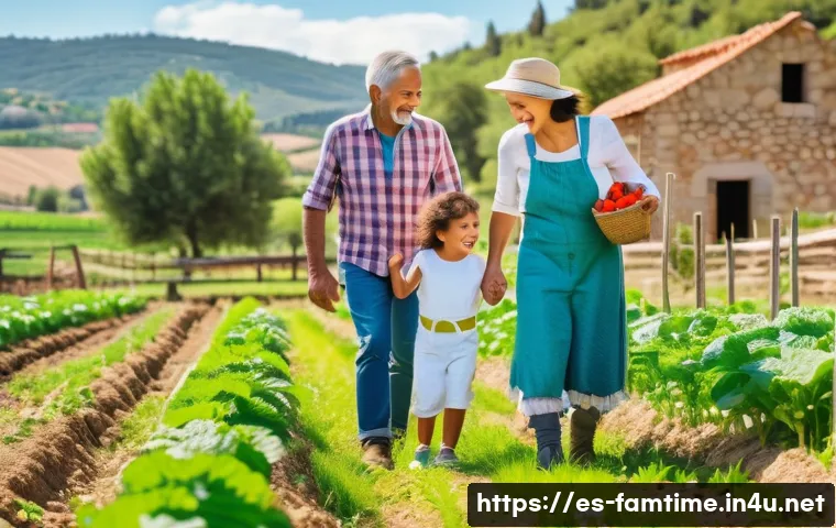 가족과 함께하는 전원생활 체험 - A cheerful multigenerational Hispanic family enjoying a sunny day in a lush rural farm in Spain, chi...
