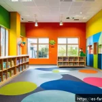 가족과 함께하는 도서관 탐방 - A vibrant children&rsquo;s library area in a modern public library located in a Spanish-speaking city, fea...