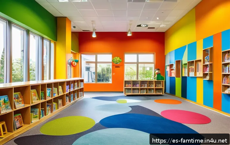가족과 함께하는 도서관 탐방 - A vibrant children&rsquo;s library area in a modern public library located in a Spanish-speaking city, fea...