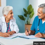 부모님을 위한 건강 검진 정보 - An elderly Hispanic couple in their 70s sitting comfortably in a bright, modern medical clinic room ...