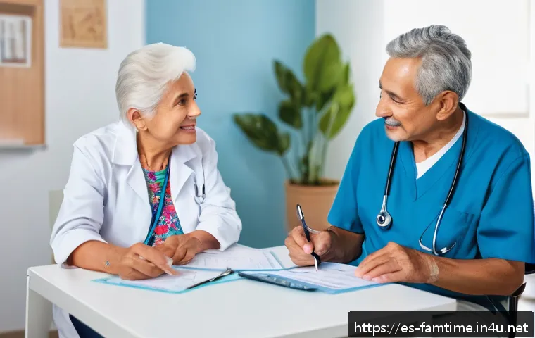 부모님을 위한 건강 검진 정보 - An elderly Hispanic couple in their 70s sitting comfortably in a bright, modern medical clinic room ...
