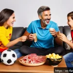 가족이 함께하는 스포츠 경기 관람 - A lively Spanish family gathered in a cozy living room decorated with colorful soccer team banners a...