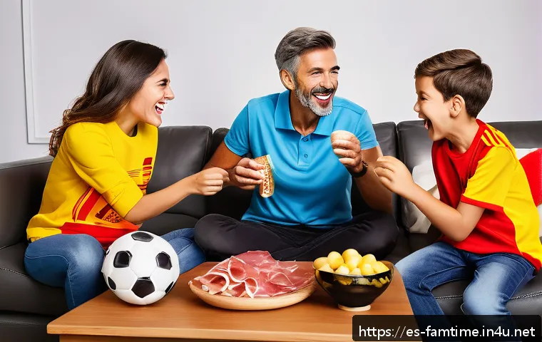 가족이 함께하는 스포츠 경기 관람 - A lively Spanish family gathered in a cozy living room decorated with colorful soccer team banners a...