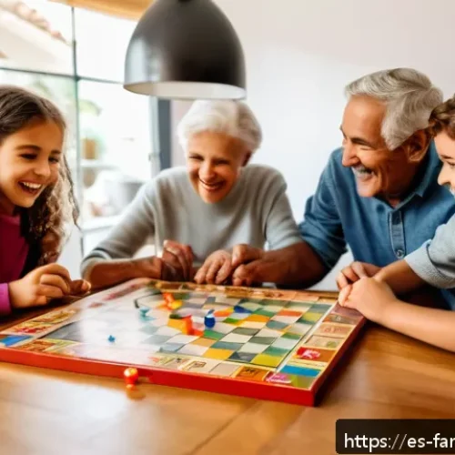 가족 전통놀이 체험 추천 - A warm family scene around a classic "La Oca" board game on a wooden table in a cozy Spanish living ...