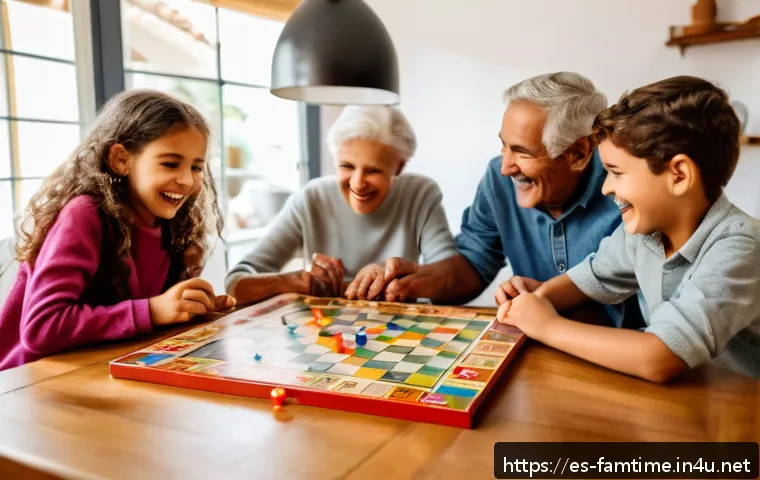 가족 전통놀이 체험 추천 - A warm family scene around a classic "La Oca" board game on a wooden table in a cozy Spanish living ...