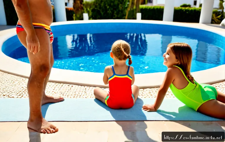 가족과 함께하는 리조트 여행 - Photorealistic family resort vacation in coastal Spain, grandparents, parents, and two children rela...