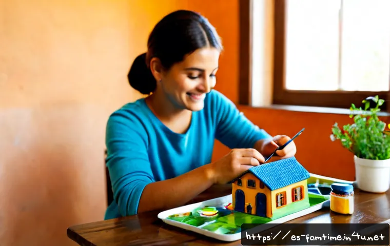 Home 17 아이와 함께하는 미니어처 공예 - Photorealistic family craft scene in a bright Spanish-style home workshop, a parent and school-age c...